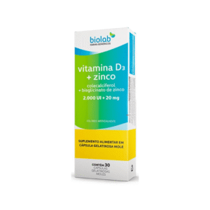 Vitamina D3 2000ui + Zinco 20mg Biolab 30 Cápsulas
